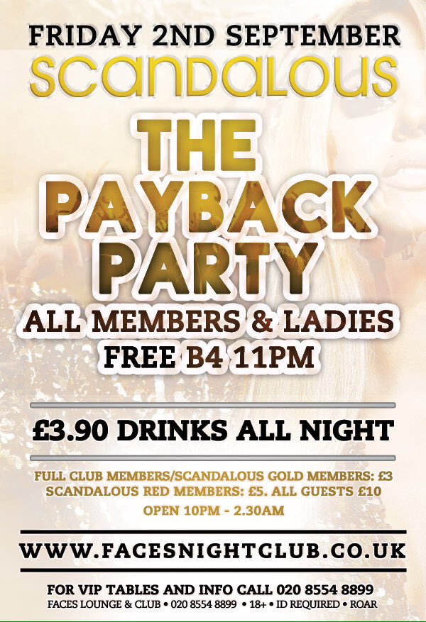 This Friday <a href="/FacesEssex/">Faces</a> no1 Friday night out! The Payback !! With djs <a href="/StevieO_Faces/">Stevie O </a> <a href="/FacesEssex_DJ/">DJ Marky Burns™</a> @ThisISLiamB 🎶🍾💥