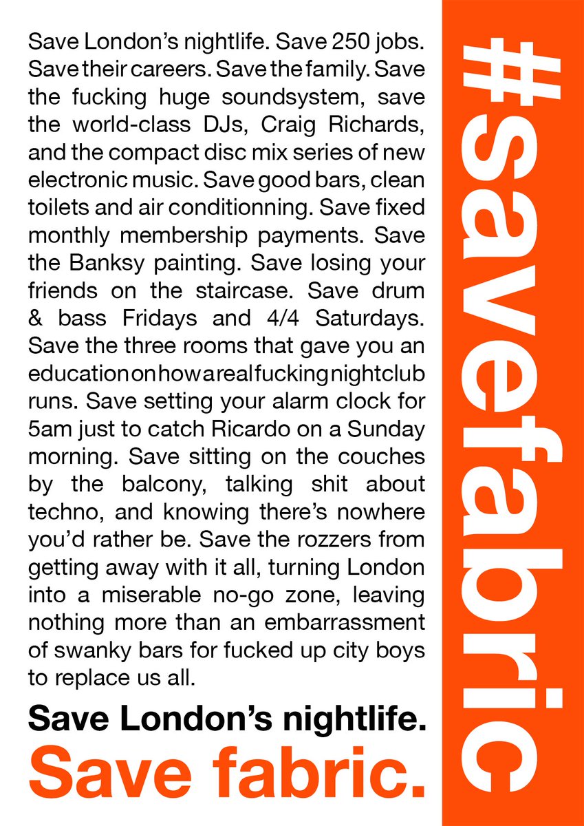 patrickccarter's tweet image. .@IrvineWelsh I know this means something to you too Irvine, please RT @fabriclondon #savefabric