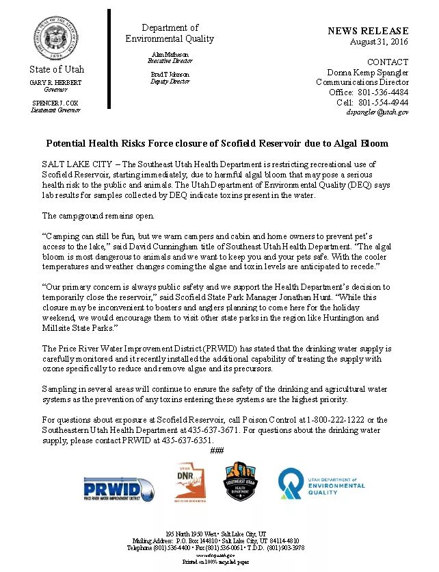 Scofield  reservoir will be closed until further notice.