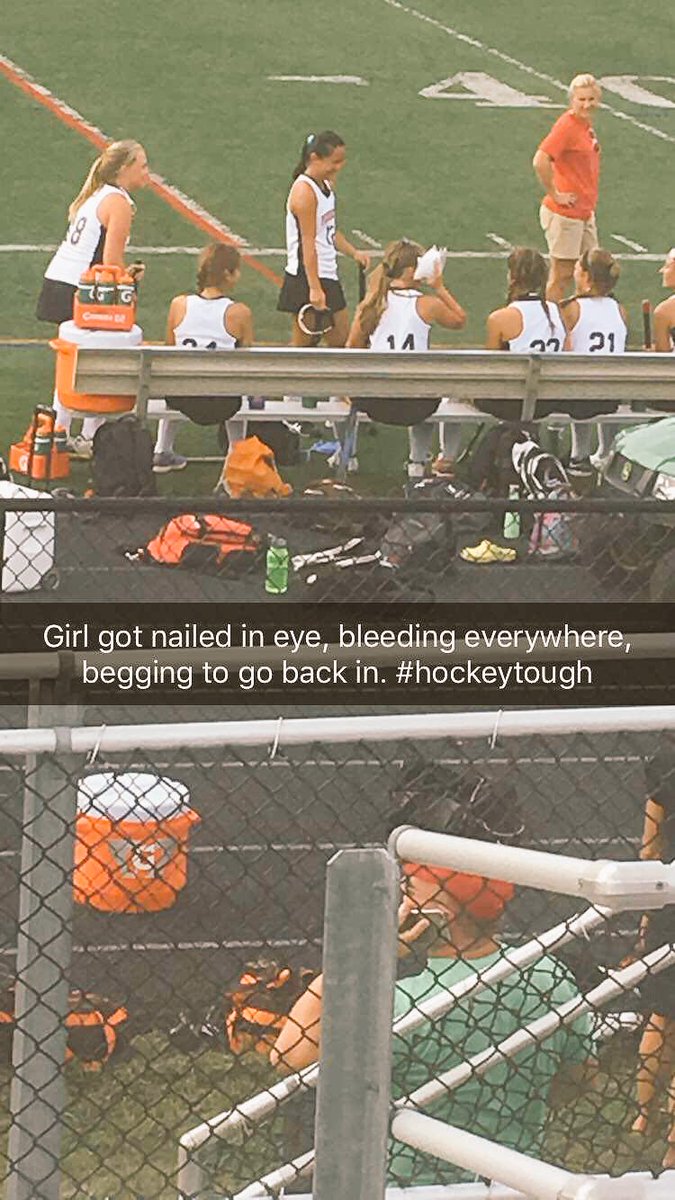 LaurenRunsHere's tweet photo. Girl gets nailed in eye, bleeding everywhere begs coach to go back in #FieldHockeyProblems #HockeyTough https://t.co/oSivTiGehp