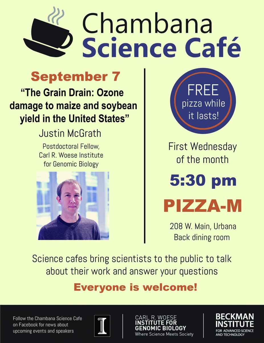 Join us next Wednesday (9/7) at 5:30pm <a href="/UrbanaPizzaM/">Pizza M</a> to hear Justin McGrath talk about ozone's effect on crop yields