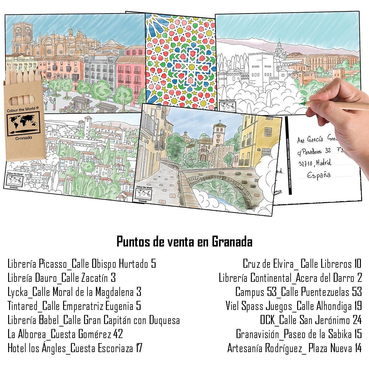 Colouring postcards of #Granada #ctwGRANADA #ColourTheWorld #postal #postcard #alhambra #albayzin #bibrambla #darro