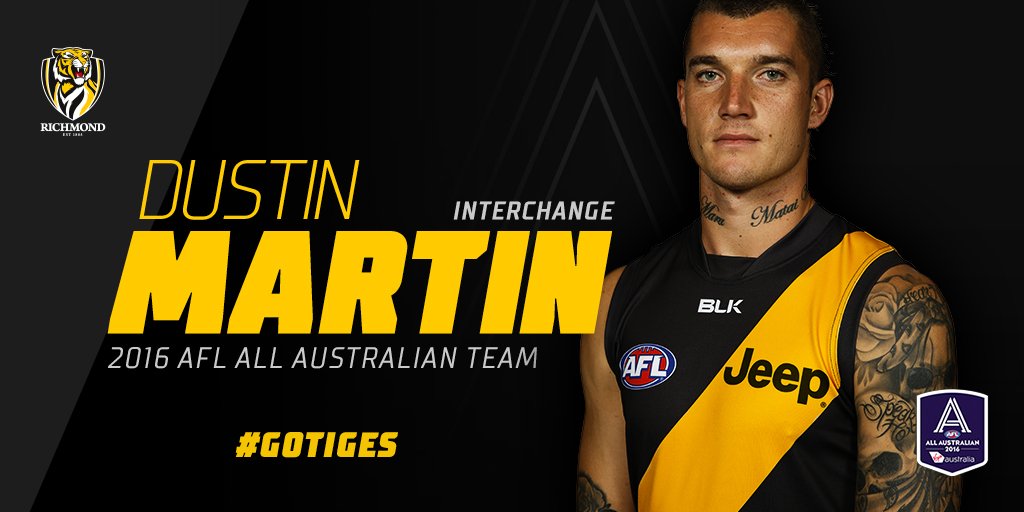 Richmond_FC's tweet photo. Well done to @DustinMartin4 on a huge 2016 capped off with his first #AllAustralian selection #gotiges 👏 https://t.co/OpQoBqSBjb