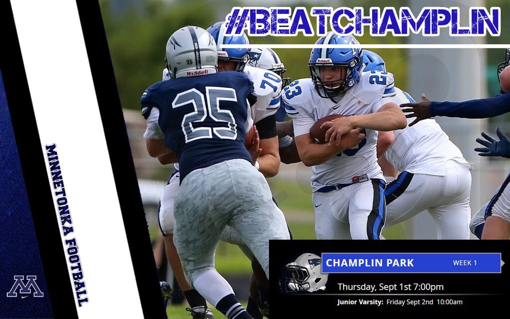 TonkaFB's tweet photo. Get up. It's GAMEDAY. Minnetonka vs Champlin Park. 7 pm. Einer Anderson Stadium. Be there. #BeatChamplin https://t.co/GHUVuKk2wq