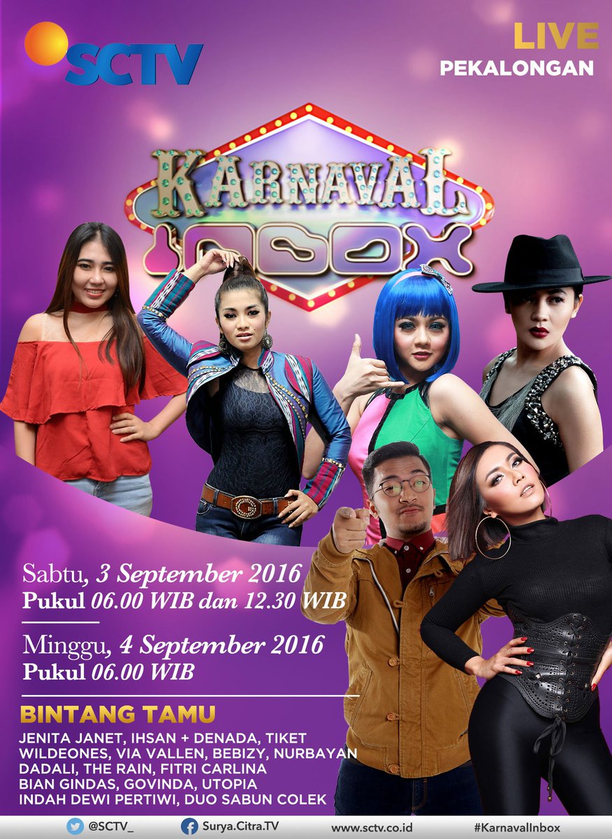 SCTV's tweet photo. Inbox mania! Siap-siap nonton #KarnavalInbox live dari Komplek Dupan Square, Pekalongan tgl 3&amp;4 September! https://t.co/UrQvnHAMdE