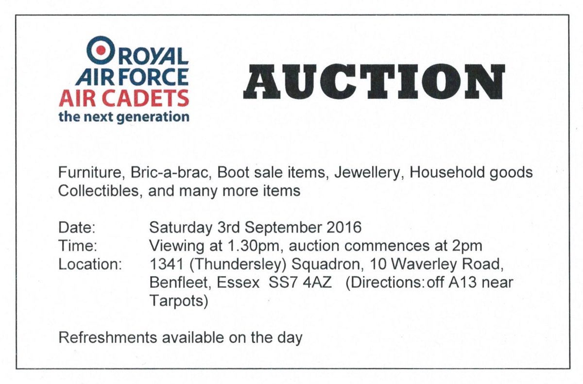 Auction to raise funds to provide activities for our cadets this Saturday 13:30hrs, Plz RT #whatwedo #Thundersley
