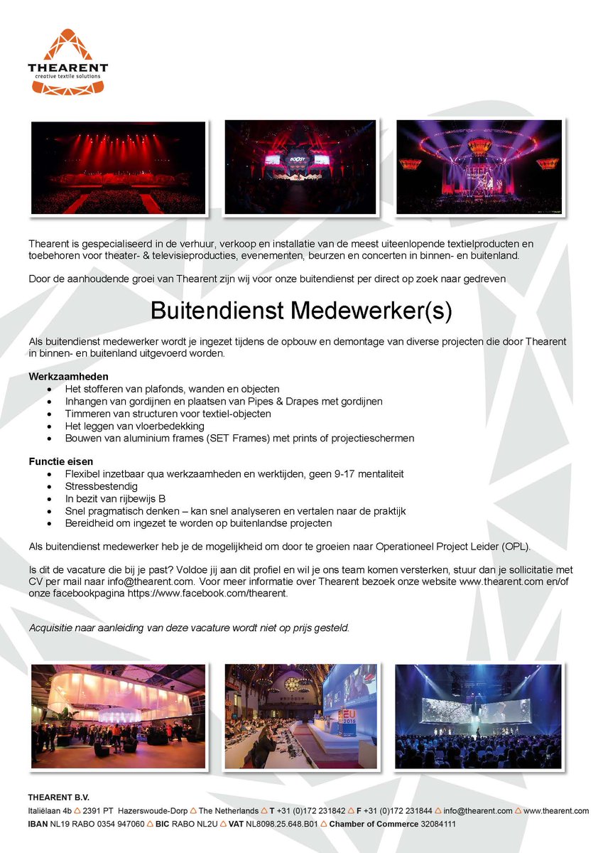 Gezocht: Buitendienst Medewerker(s)!
#evenemententextiel #vacature #events thearent.com/#!jobs/c1bcq