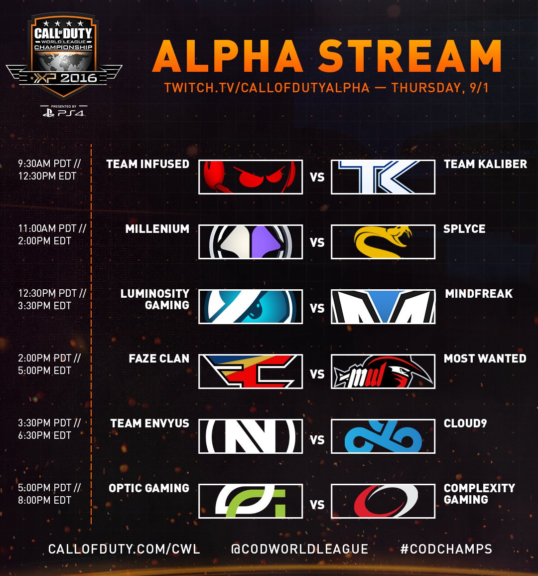 MLG's tweet photo. Today's @CallofDuty XP Schedule! 

Matches start at 12:30PM EDT (30 min) on https://t.co/E9Z6KDGIz1!

#CODXP2016 https://t.co/fbwmDe0vnx