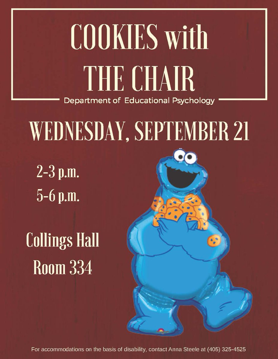 OUEdPsych's tweet image. Hey students! Grab a cookie &amp;amp; chat with our new department chair, Dr. Nancy Marchand-Martella on 9/21!
