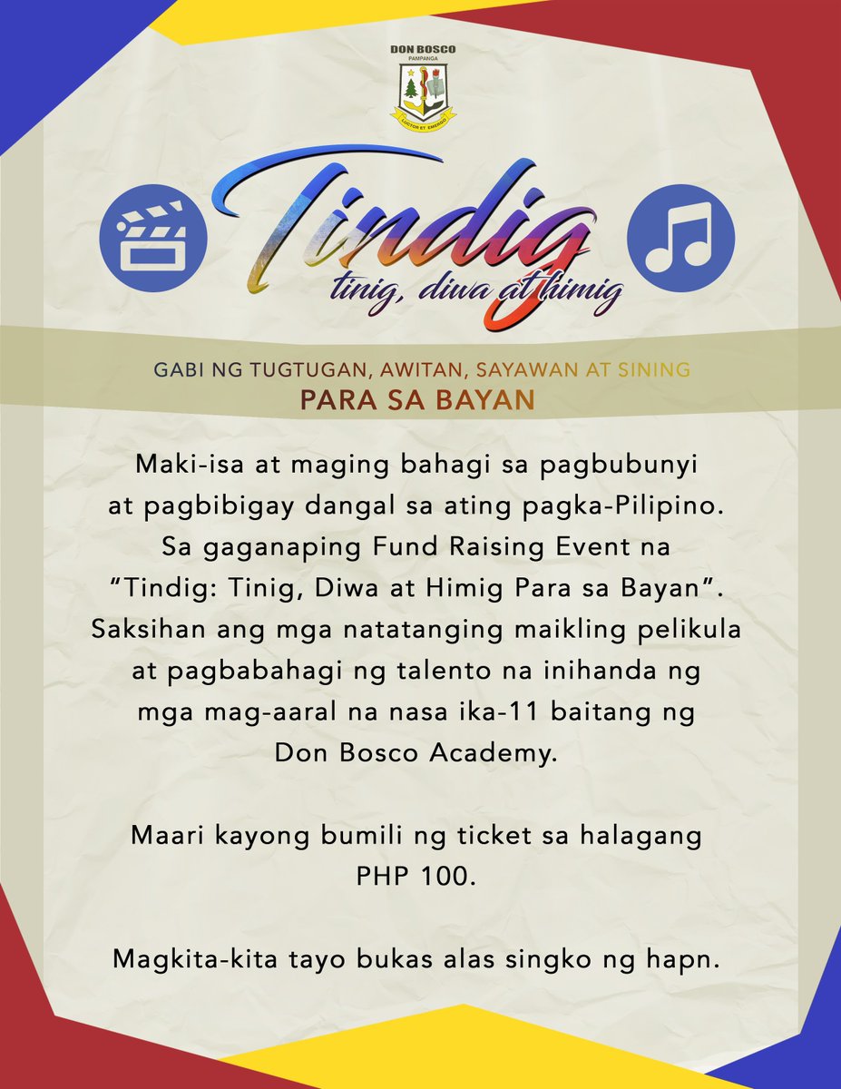 DBA_JHSSC's tweet photo. Magkita-kita po tayo bukas sa Don Bosco Academy Pampanga! Makakabili kayo ng ticket sa halagang 100 🇵🇭 https://t.co/CCQUGusmIb