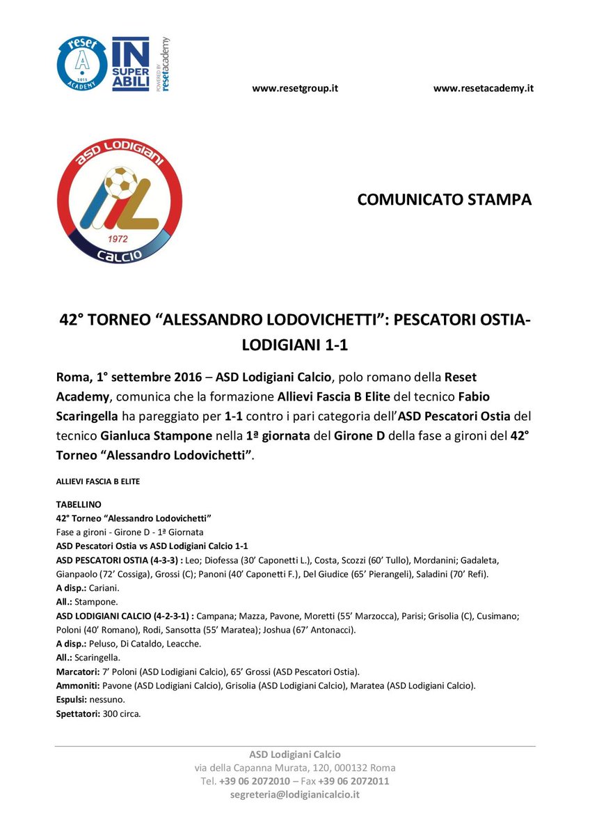 COMUNICATO STAMPA - 42° #TorneoAlessandroLodovichetti: #ASDPescatoriOstia-#ASDLodigianiCalcio 1-1 #ResetAcademy