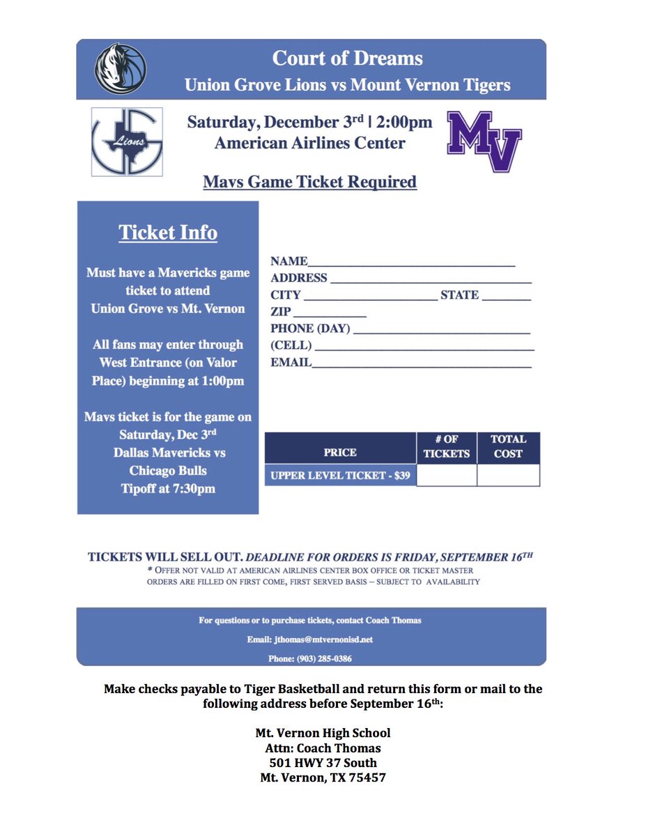 jthoops23's tweet photo. @MVHSTigers Boys BBall @ American Airlines.  Tickets are available. Form &amp; Check must be received by Sept.16th. https://t.co/8jToOjg6YV