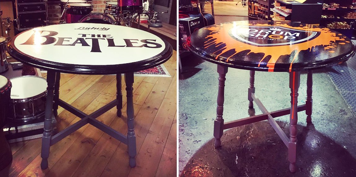 Drumshopweb's tweet photo. How cool are our new tables?! Now where to put them?! 🤔
#roncarrollsignwriter #drumshopuk #Ludwigdrums #TheBeatles https://t.co/4B1W79I4GN