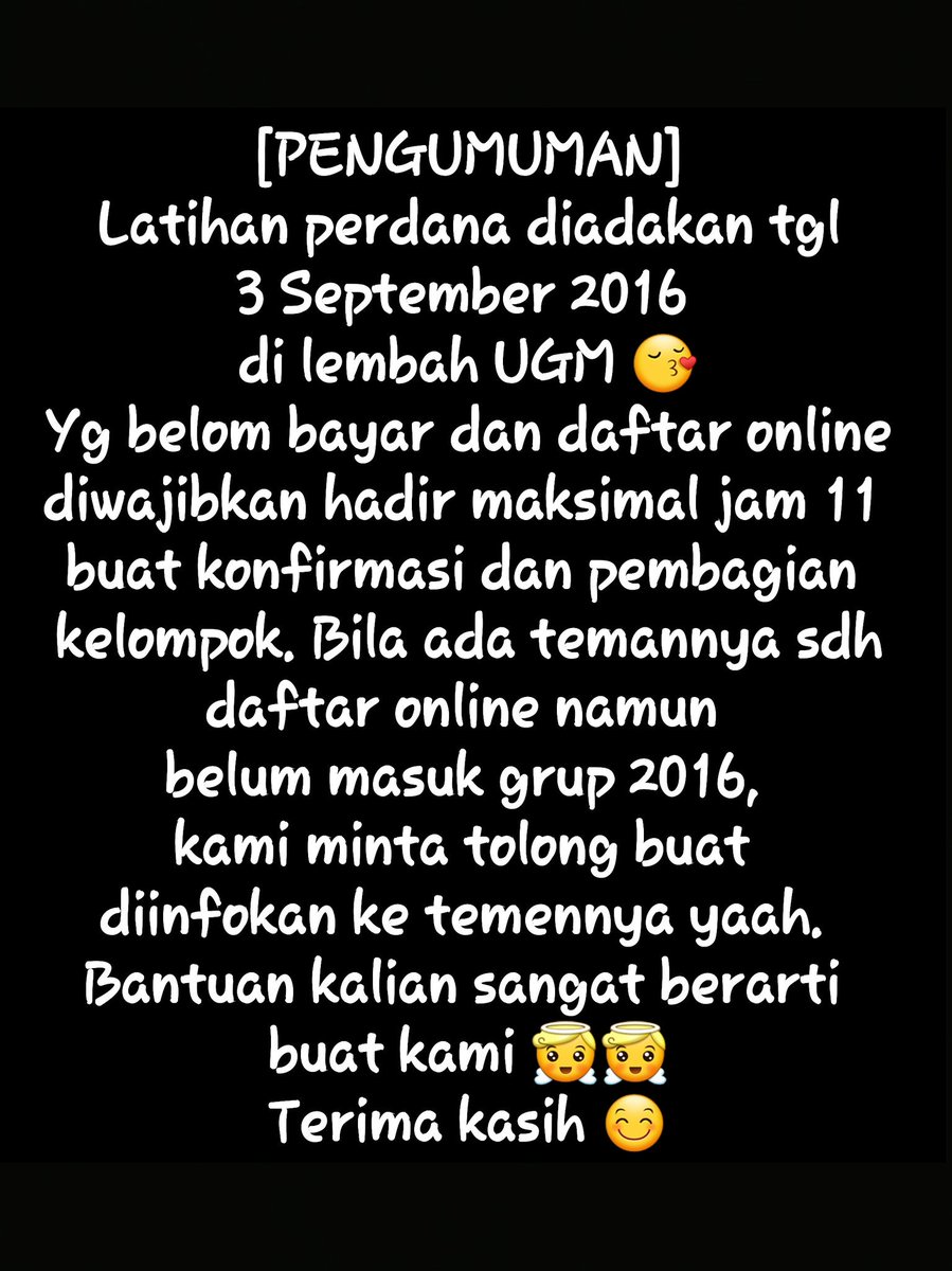 [PENGUMUMAN PENTING]
Latihan perdana diadakan tgl 3 September 2016, info lebih lanjut cek line.me/ti/p/%40clk859…