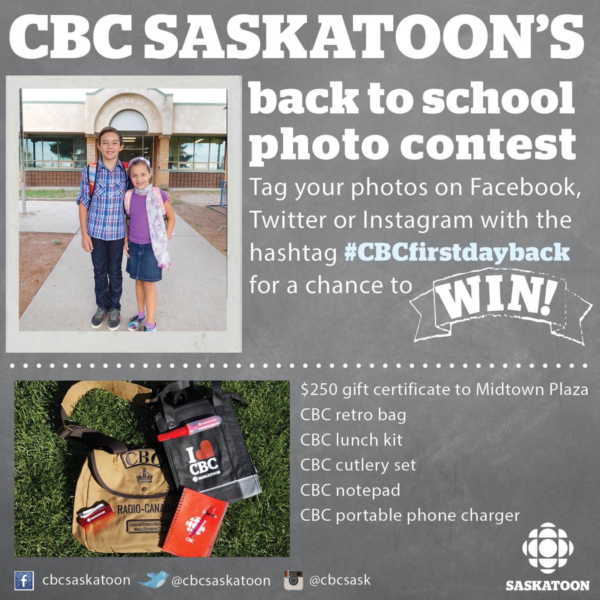 CBCSaskatoon's tweet photo. Send us your #cbcfirstdayback pics today &amp; tomorrow to win $250 to @midtownplazaSK + CBC swag! https://t.co/EO8lxBg1Xd