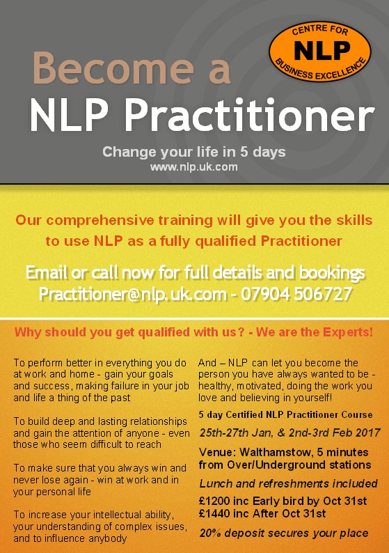 NLPCentre's tweet image. Sept NLP Practitioner Fast Track course fully booked, next in January Max 15 attendees - details now bob@nlp.uk.com