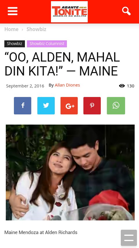 ofcnewscaster's tweet image. SEPT 2 2016
©ABANTE-TONITE NI ALLAN DIONES
"OO, ALDEN, MAHAL DIN KITA!" ~ MAINE
#ALDUBOfficiallyYOURS