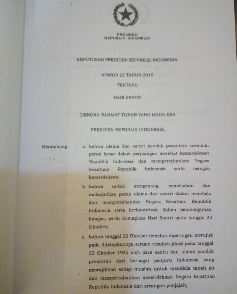 Salinan Keputusan Presiden RI Nomor 22 Tahun 2015 ttg penetapan Hari Santri.