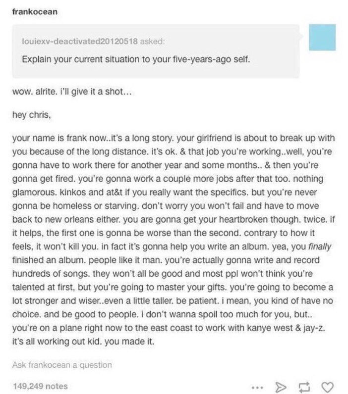 thefemaleboook's tweet photo. Frank Ocean's response gave me chills https://t.co/exzrjRZCYd