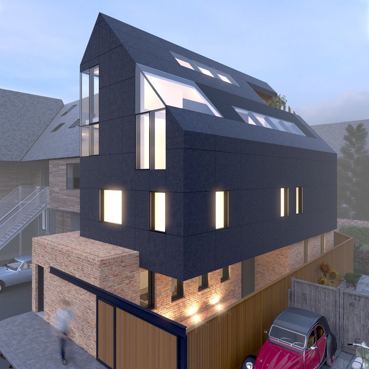 a_zeroarchitect's tweet image. New rendering of our Thames House, which is going out to tender. Fibre cement panels, PV panels &amp;amp; rooflights