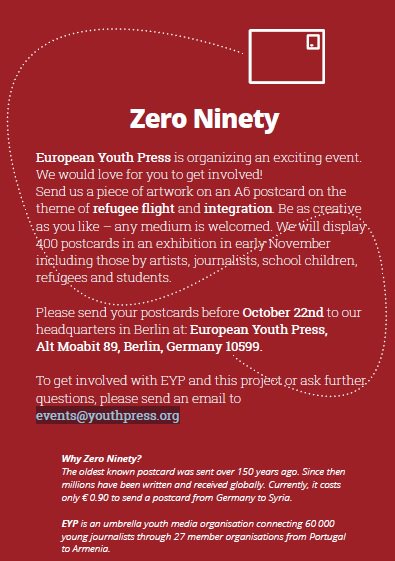 youthpress's tweet photo. #ZeroNinety! Send us your #artwork on a #postcard on #refugees & #integration. Be as #creative as you like! https://t.co/0ggZyWohC1