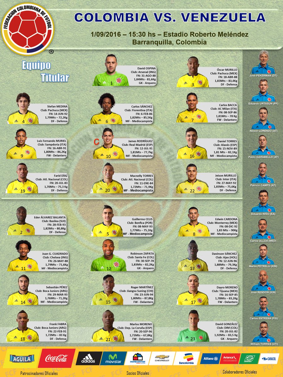 FCFSeleccionCol's tweet photo. Así jugará nuestra Selección ante Venezuela: https://t.co/1MNxIGNDuF