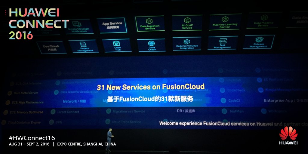 Huawei's tweet image. 31 FusionCloud services, FusionStorage 6.0 &amp;amp; FusionStage PaaS, announced: bit.ly/2bEBOgx #HWConnect