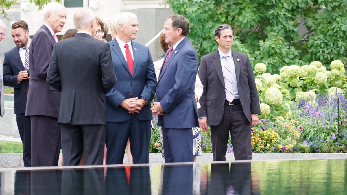 Mike_Pence's tweet photo. Great day in Utah. Enjoyed visiting historic Temple Square in Salt Lake City w/ Sen Orrin Hatch &amp; Gov Gary Herbert. https://t.co/UNXC1Odot0