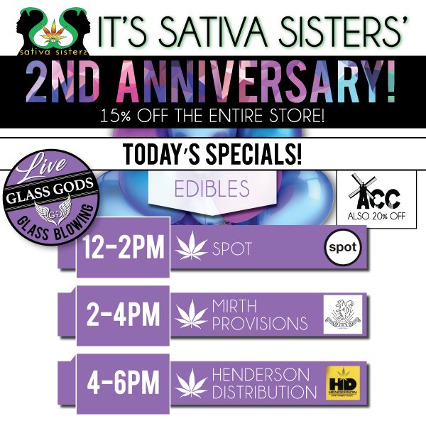 SativaSistersWA's tweet photo. #Anniversary 15% off #Everything
#MeetandGreet @spotSEATTLE @MirthProvisions #HendersonDistribution #GlassGods https://t.co/7VoguhdnLm