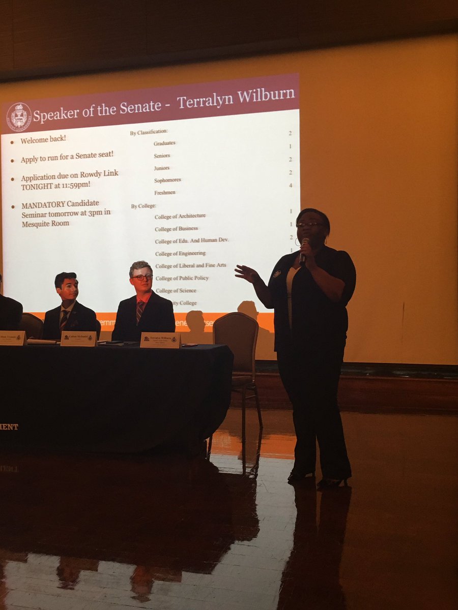 utsa_sga's tweet photo. Our Speaker of the Senate Terralyn letting us know how many seats are left in the Senate! Be sure to run! https://t.co/5Jpk9usSOI