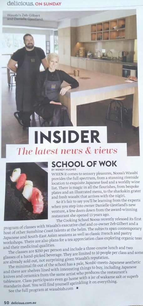 Thanks <a href="/foodiegirlie/">Wendy Hughes</a> great article in Sunday's newspaper. <a href="/WasabiNoosa/">Wasabi Restaurant</a> <a href="/NoosaFood_Wine/">Noosa Food & Wine</a> @thecookingschoolnoosa