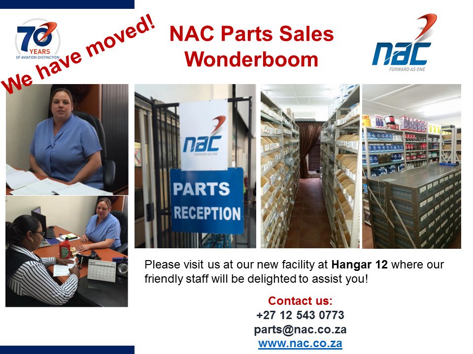 NAC Parts Wonderboom has moved! Please visit our new facility at Hangar 12! Contact +27 543 0773 or parts@nac.co.za