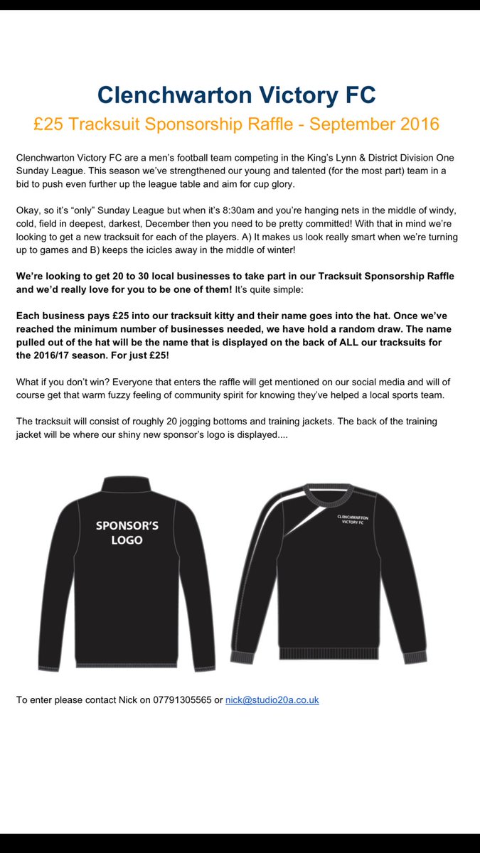 Getting lots of interest in our £25 Tracksuit Sponsor Raffle! If you know a business that'd enter, please shout!