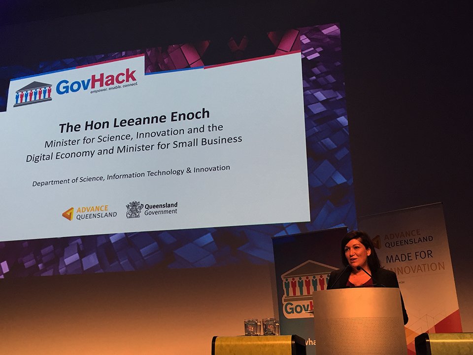 LeeanneEnoch's tweet photo. Talking #opendata at the @GovHackQld awards at @SLQedge. #innovation @AdvanceQld https://t.co/XlfsD91a5D