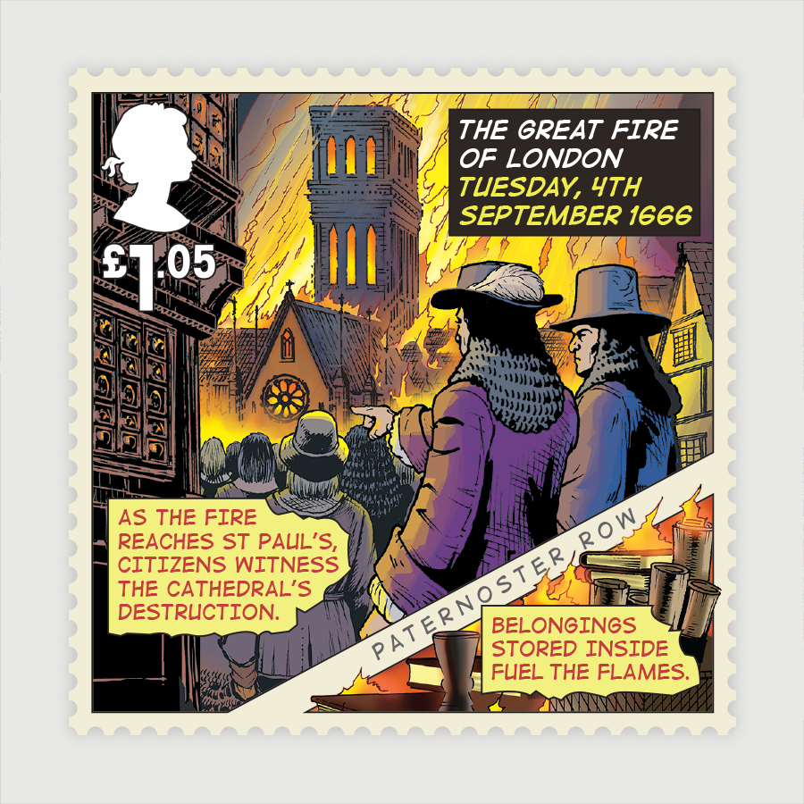 _thechase_'s tweet photo. London's burning! Fire! Fire! Check out our Great Fire of London @RoyalMailStamps out now https://t.co/9qZI8Uf9nd https://t.co/FzGX0O5Q24