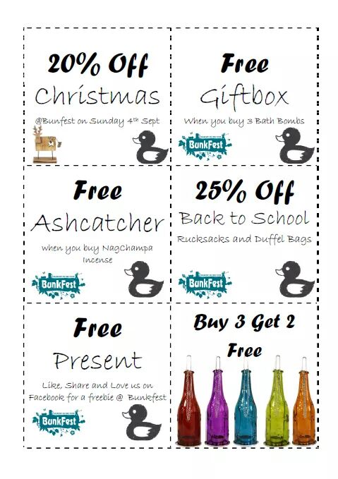 theBubbleDuck's tweet photo. @Bunkfest2015 Street Market Starts tomorrow. Here's some coupons to use at our stall this weekend. #Bunkfest2016 https://t.co/AXHJfg3O0j