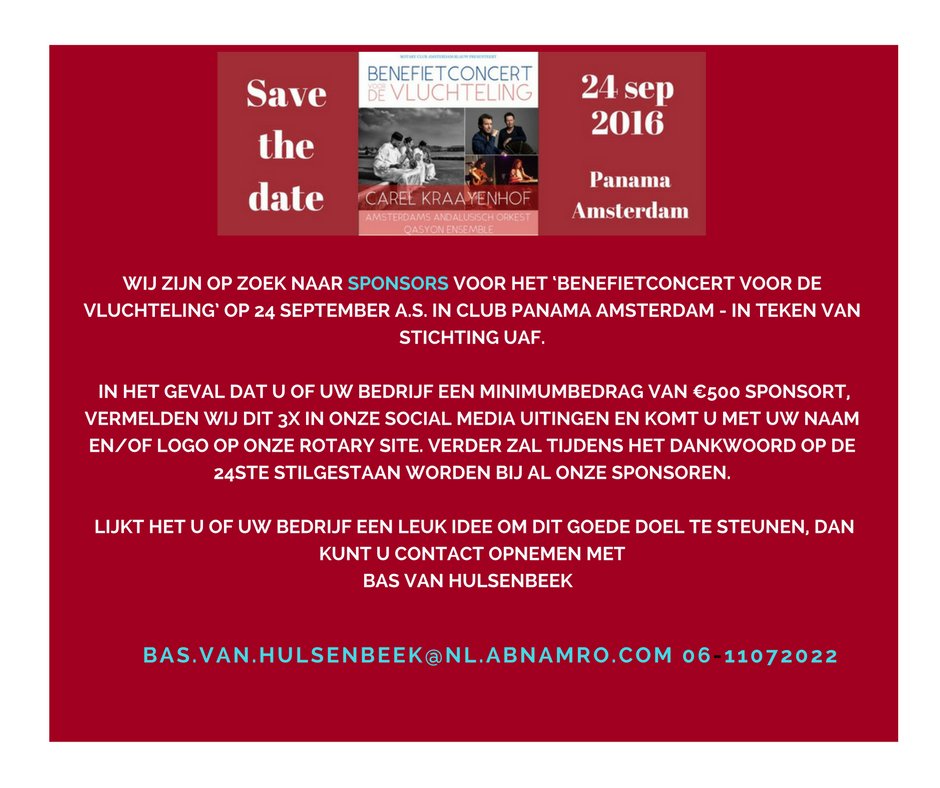 Rotary Club Amsterdam Blauw is op zoek naar sponsors voor het benefietconcert in Panama Amsterdam. #benefietconcert