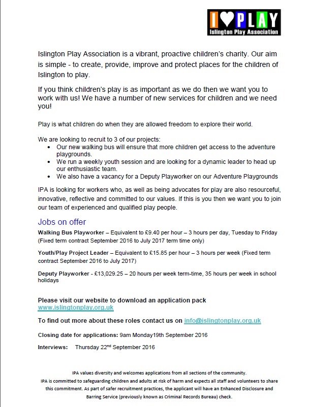 IslingtonPlay's tweet image. We're hiring!
-Walking Bus Playworker
-Youth/Play Project Leader
-Deputy Playworker 
bit.ly/2bVyU82 
Pls RT