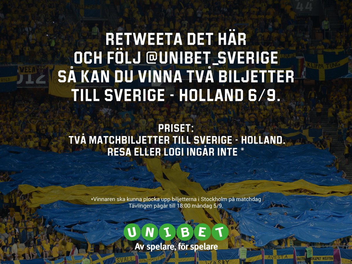 Retweeta det här och följ <a href="/Unibet_Sverige/">Unibet Sverige</a> så kan du vinna två matchbiljetter till Sverige - Holland på tisdag