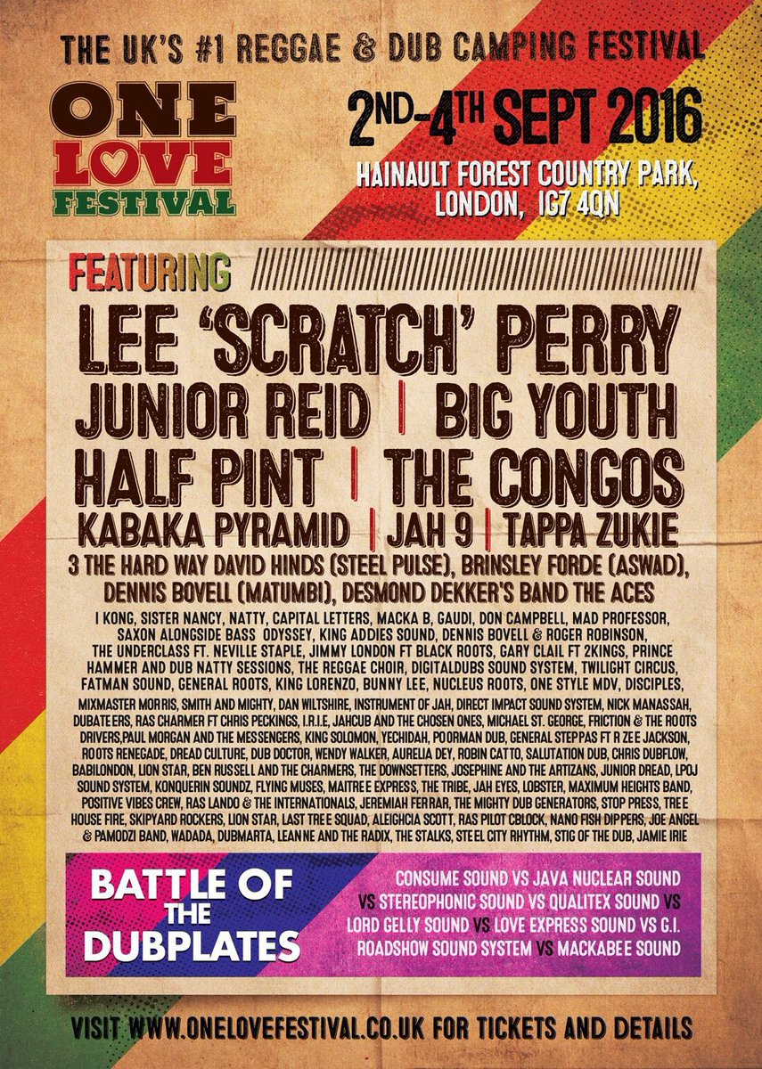 Honoured to be supporting <a href="/letters_capital/">capital letters</a> <a href="/mackab/">Macka B</a> <a href="/ScratchLee/">Lee Scratch Perry</a> at <a href="/OneLoveFestival/">One Love Festival</a> 6pm main stage today #reggae #dub