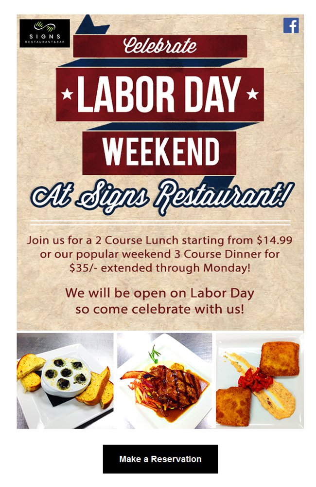 SignsRestaurant's tweet photo. We will be open on Monday and serving our weekend 3 course dinner special! Come join us! https://t.co/HwEW7TJt7e https://t.co/jrsFLJvzzx