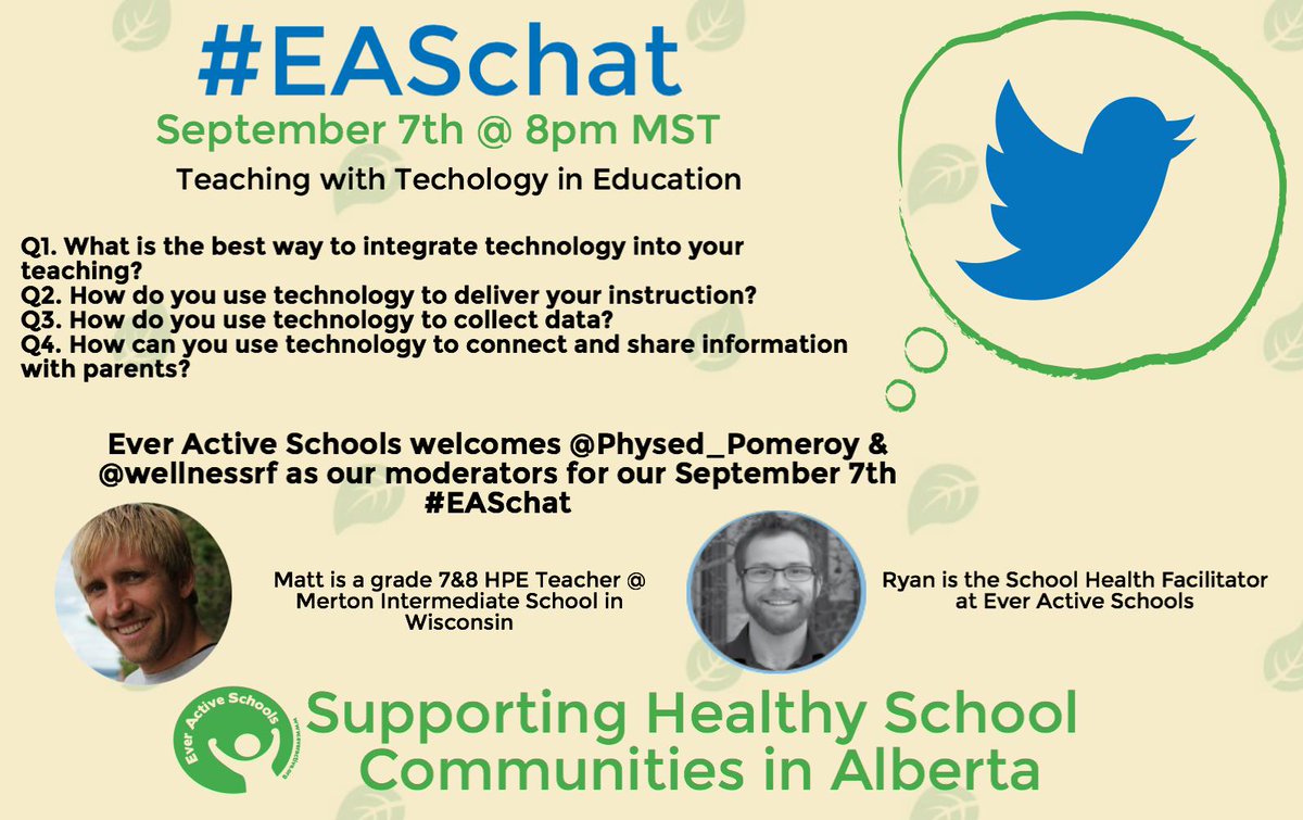 wellnessrf's tweet image. Excited 2 welcome @Physed_Pomeroy 4 our #EASchat on Wed, Sep 7th @ 8pm MST 2 discuss tech in schools! @EverActiveAB