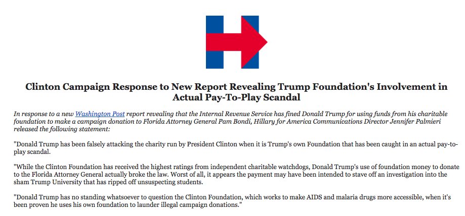 JesseLehrich's tweet photo. NEW: @jmpalmieri responds to Trump Foundation's *actual* pay-to-play scandal https://t.co/zxf0CWjONm