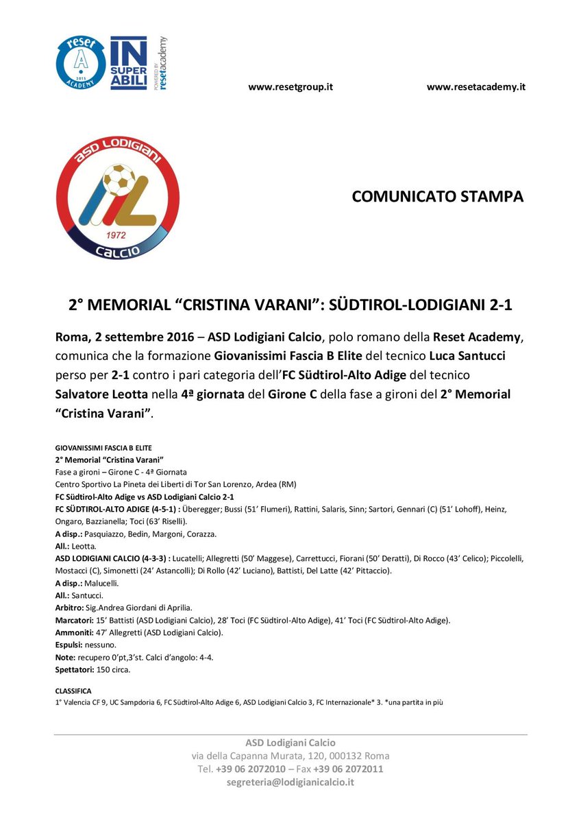 COMUNICATO STAMPA - 2° <a href="/MemorialVarani/">Memorial Varani</a>: <a href="/fclubsuedtirol/">FC Südtirol</a>-#ASDLodigianiCalcio 2-1 #giocareconilsorriso #ResetGroup