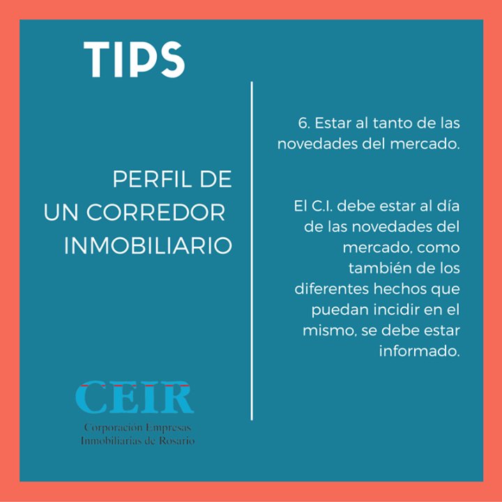 CirRrosario's tweet photo. TIPS CEIR - PERFIL DE UN CORREDOR INMOBILIARIO

6.- Estar al tanto de las novedades del mercado.

JUNTOS SOMOS MÁS!… https://t.co/QwHAfPiNuc