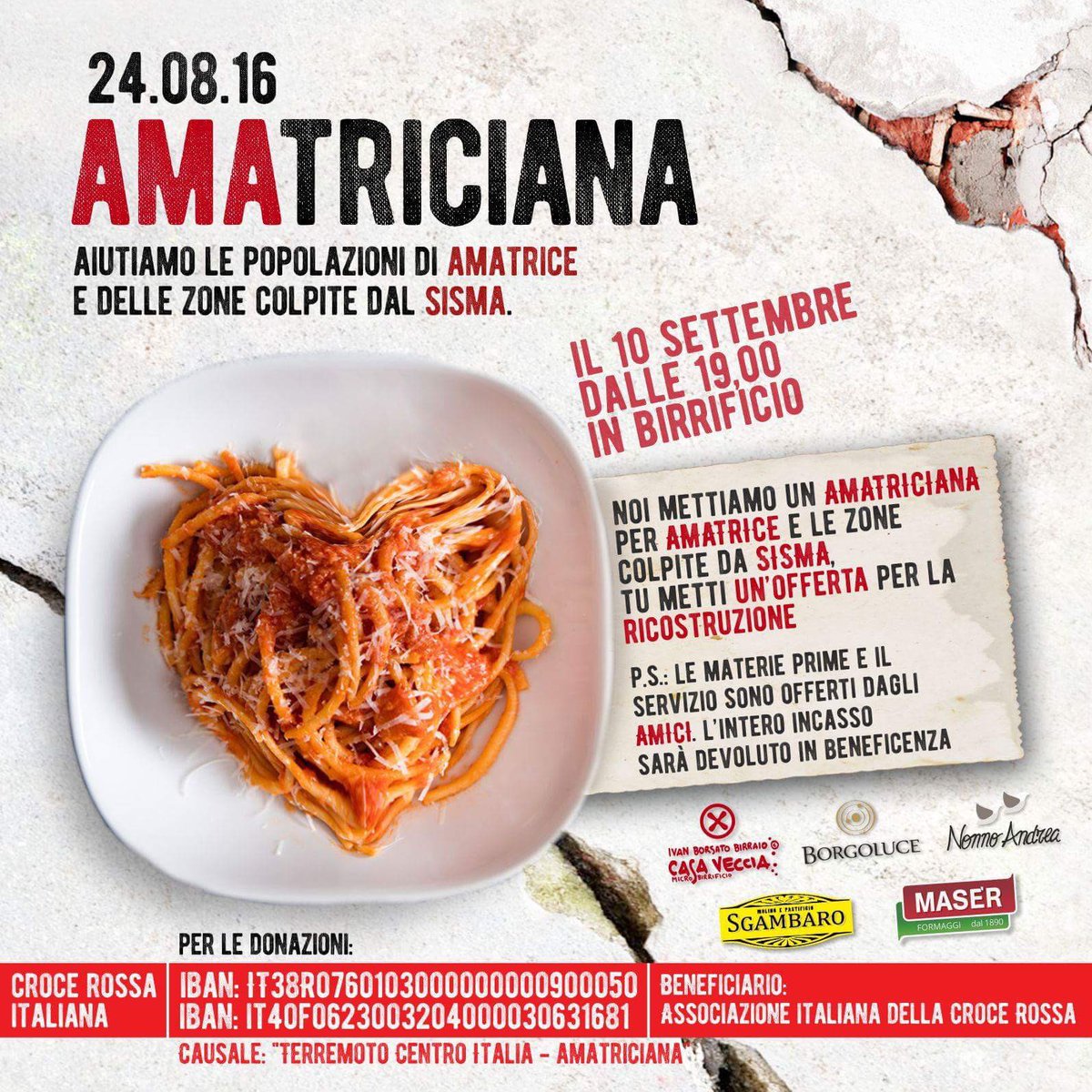 sabato 10 settembre - ore 19:00 in birrificio #AMAtriciana per #Amatrice #cheers