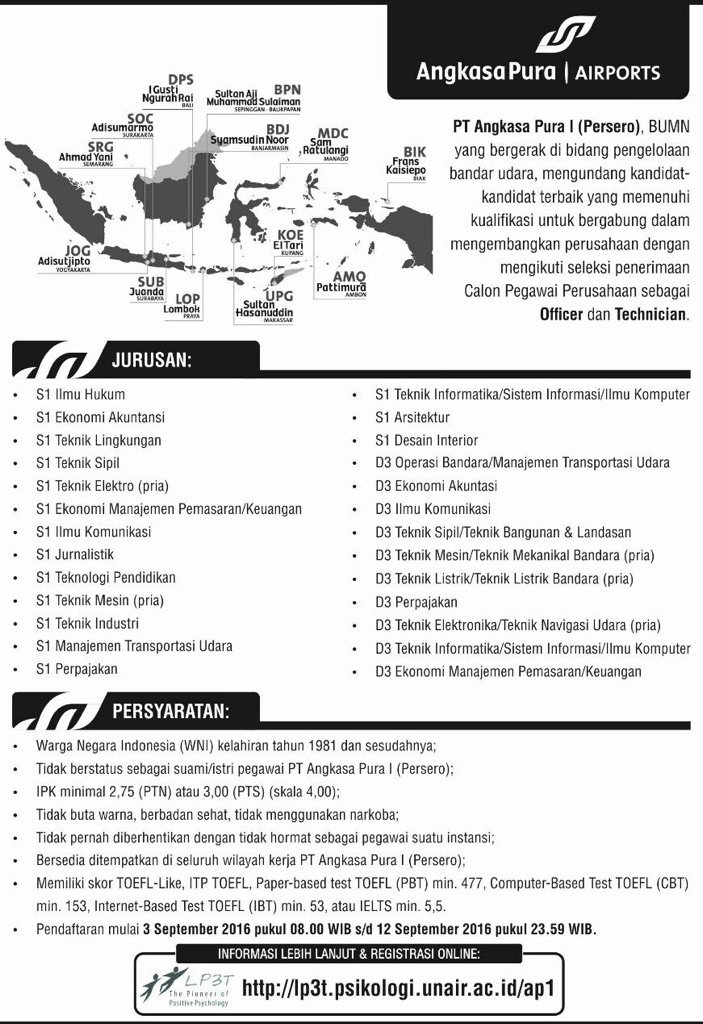 Informasi rekrutmen PT Angkasa Pura I (Persero) tahun 2016 bit.ly/rekrutap1 #lowker #AngkasaPura1