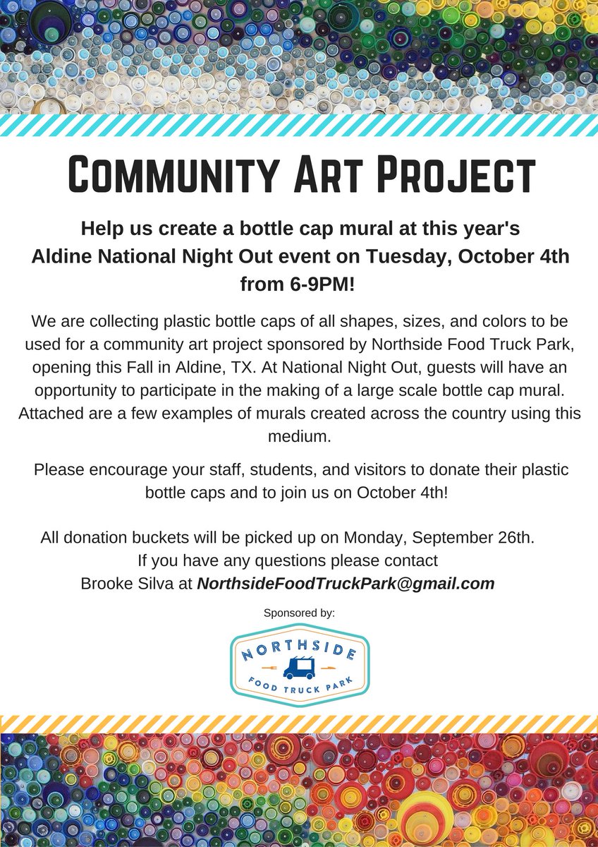 NorthsideFTP's tweet image. Help us create a Bottle Cap Mural! Drop your recycled bottle caps @AldineDistrict located at 5333 Aldine Mail Rt.