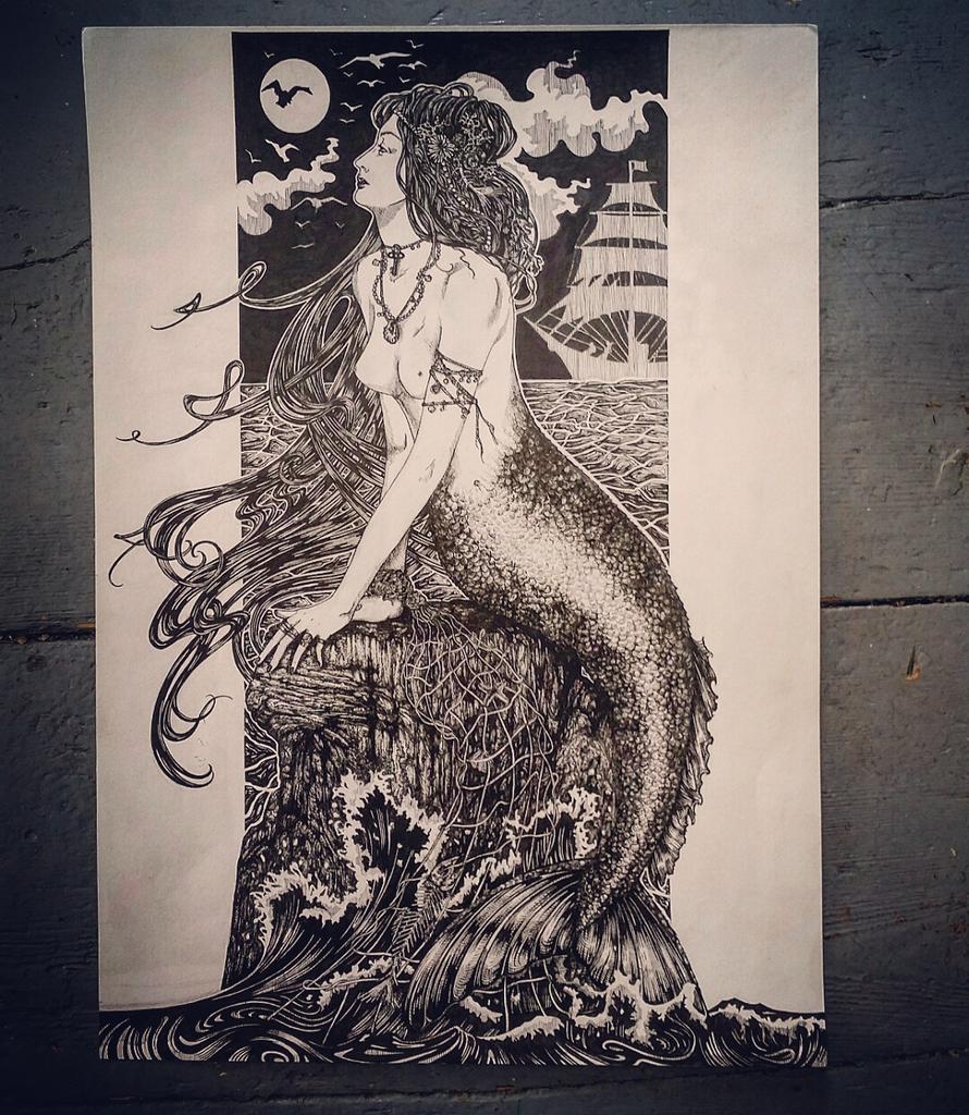 KimIllustrate's tweet photo. A3 mermaid illustration now finished - intending to print onto a piece of driftwood 😊 #mermaid #illustration https://t.co/3qLJTJsjxw