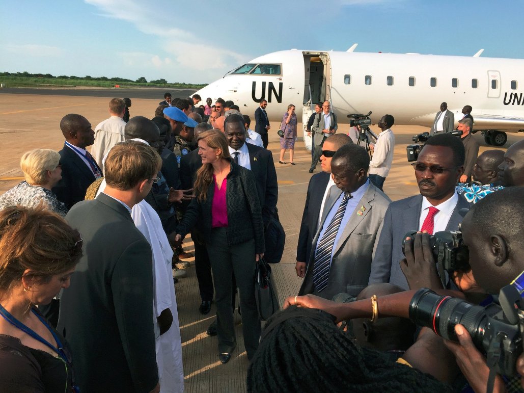 USUN's tweet image. #UNSC is “completely united in our desire to see peace in #SouthSudan." –@AmbassadorPower upon arriving in #Juba